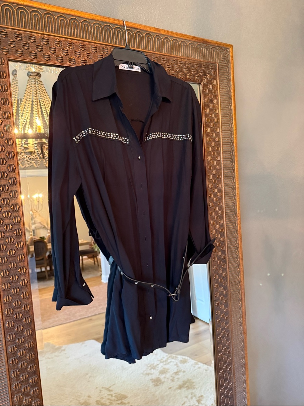 Zara Black Embellished Long Sleeve Shirt Dress